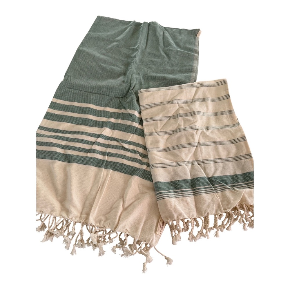 TerraKlay Home Sage Green Cream Striped Cotton Hand Towel Set Fringe India